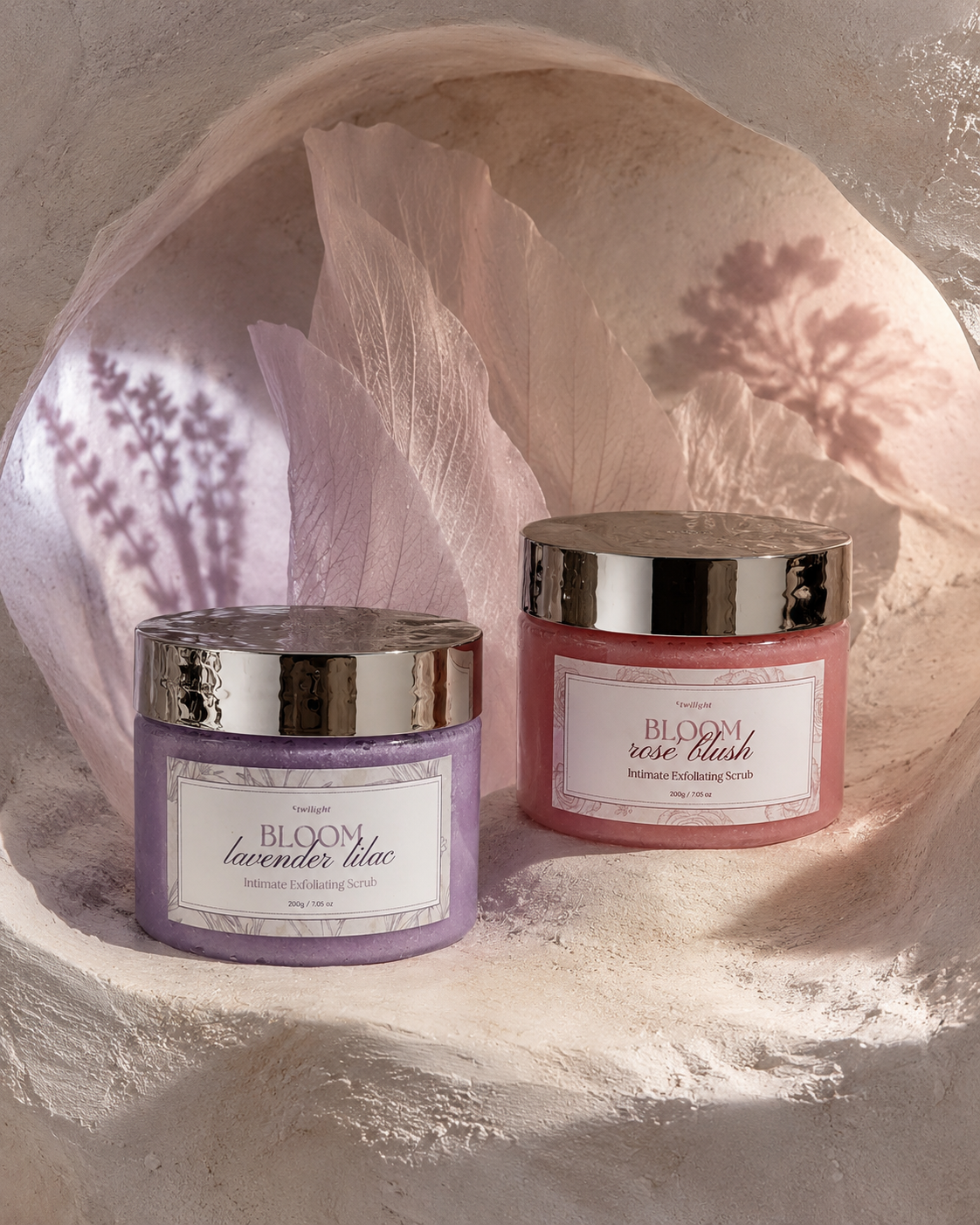 BLOOM Intimate Exfoliating Scrub in a botanical setting