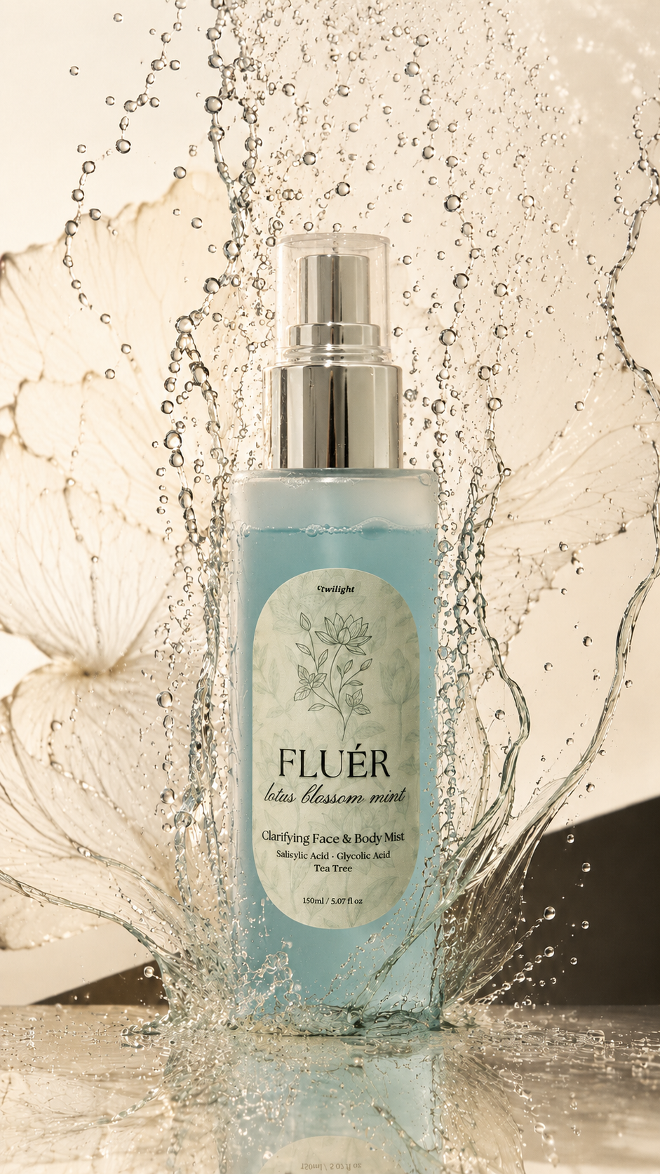 FLUÉR Face & Body Mist in a fresh water setting